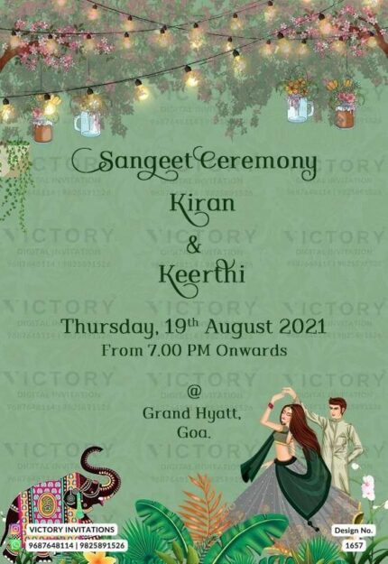 A Captivating Sangeet ceremony amidst the Enchanting Greenish Grey backdrop, Illuminated by String Lights and Lanterns, Couple Doodle and a decorative Elephant, Design no. 1657
