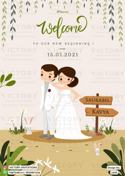 A Standee card with Soft Peach backdrop, Burly Wood, and Nature's Splendor, a Captivating Couple Doodle and Adorned with Cloudy Grey and Green Leaves Garland, Design no. 1658