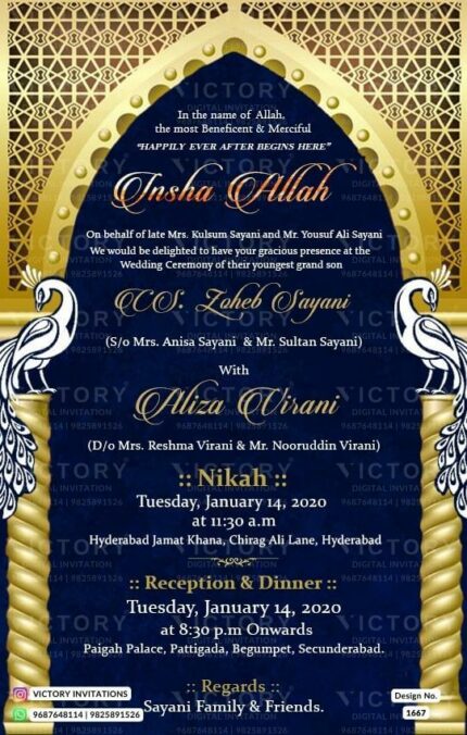 A Majestic Nikah ceremony Invitation with a Dark Navy Backdrop, Golden colour Arch, and Graceful Peacocks