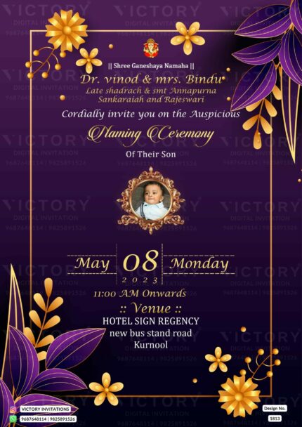 A Serene Midnight Purple Naming Ceremony with a Ganesh's Logo, Brownish Orange Blossoms, a Cherished Baby, an Intricately Ornate Frame with Vibrant Flowers, Design no.1813