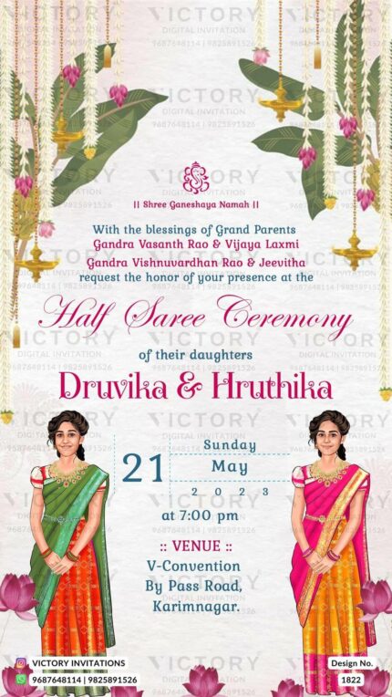 Young girls caricature invitation card for half saree ceremony in english language with traditional theme design 1822