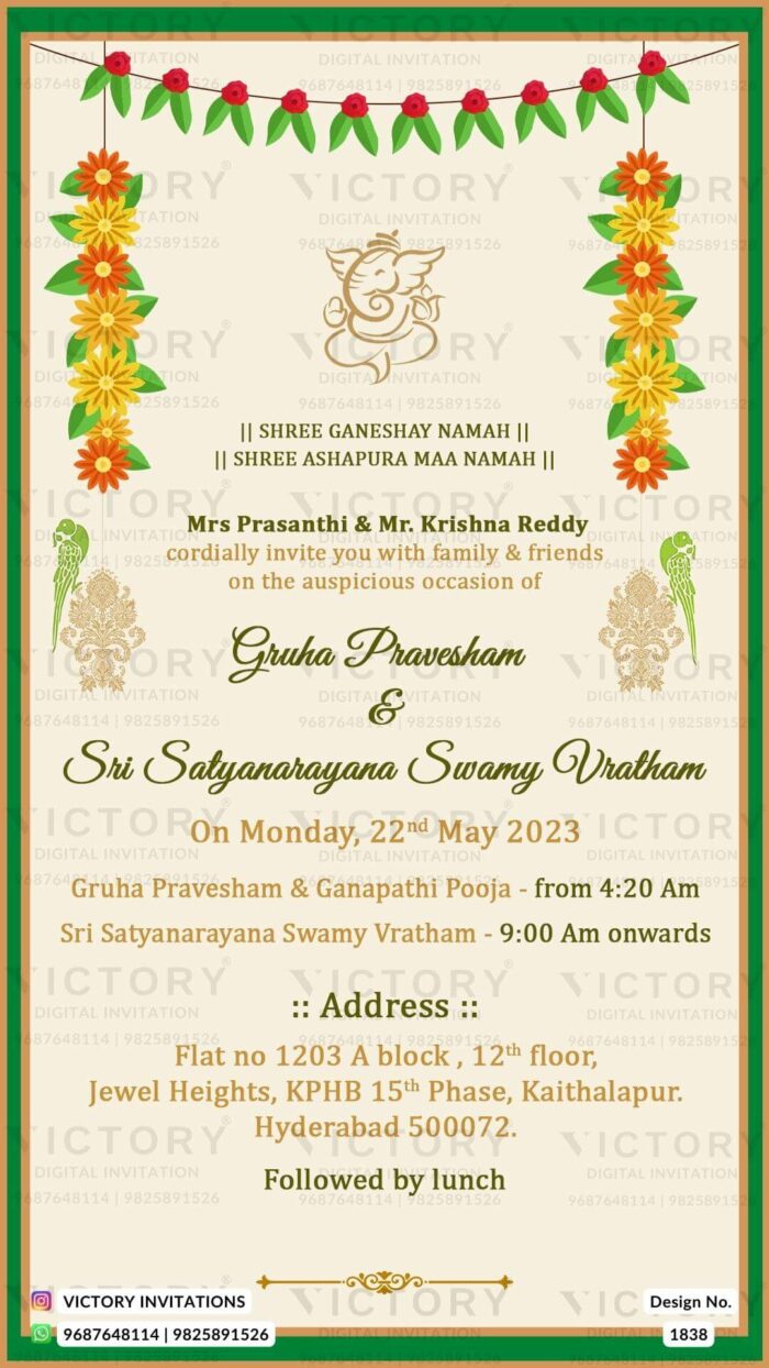 A Mesmerizing Gruha Pravesham Invitation card featuring Lord Ganesha's Divine logo, Orange, Yellow, and Fuel Yellow Flowers, and Enchanting Parrots Design no. 1838