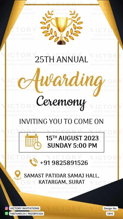 An Invitation to the Glittering Award Ceremony, Set on a White Canvas with Tealish Blue Border Pattern, displaying the Radiant Award Trophy Surrounded by Damask Patterns Design no. 1841