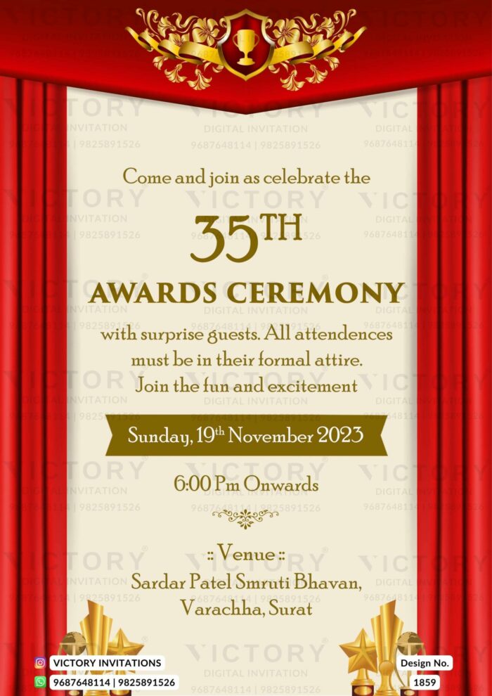 The Glamourous Awards Ceremony Invitation card admits the Splendor of Antique White backdrop, Enchanting Award Cups, and Majestic Red Curtains Design No.1859