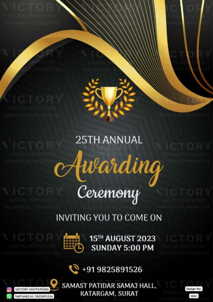 The Glamorous Invitation of Award Ceremony Card in Smoky Black Backdrop adorned with Damask Lightning Yellow Patterns and Award Trophy Design no. 1861