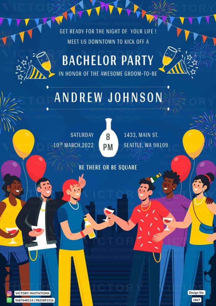 An Enchanting Bachelor Party Invitation in Light Navy Colour with Fireworks, Cocktail Delights, Doodles, Cocktail Delights, and Vibrant Balloons Design no. 1867