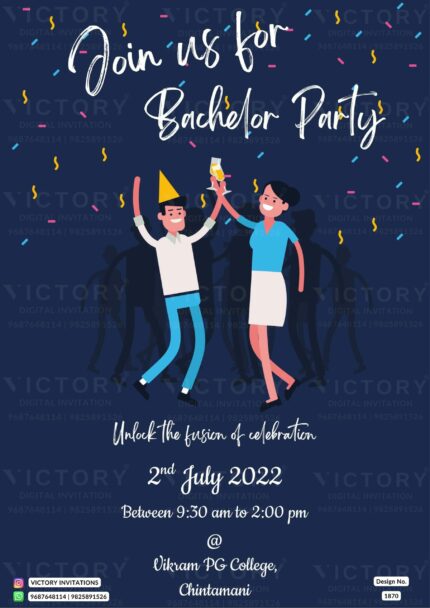 An Alluring Bachelor Party Invitation Immersed in Nile Blue Backdrop, Adorned with an Array of Vibrant Ribbons and a Delightful Doodle Design no. 1870