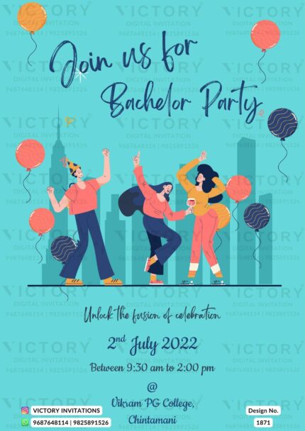 A Vibrant Bachelor Party Invitation in Aquamarine Blue Color backdrop and Amidst Tealish Blue Balloons, an Enchanting Doodle behind Building Illustration Design no. 1871