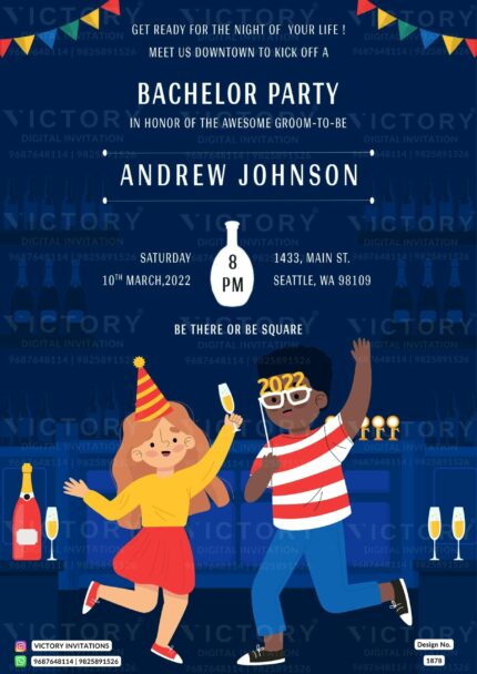 A Vibrant Bachelor Party Invitation Unveiling Stylish Doodles, a Blue Whale Backdrop, and Cheerful Wine Glasses and Bottles