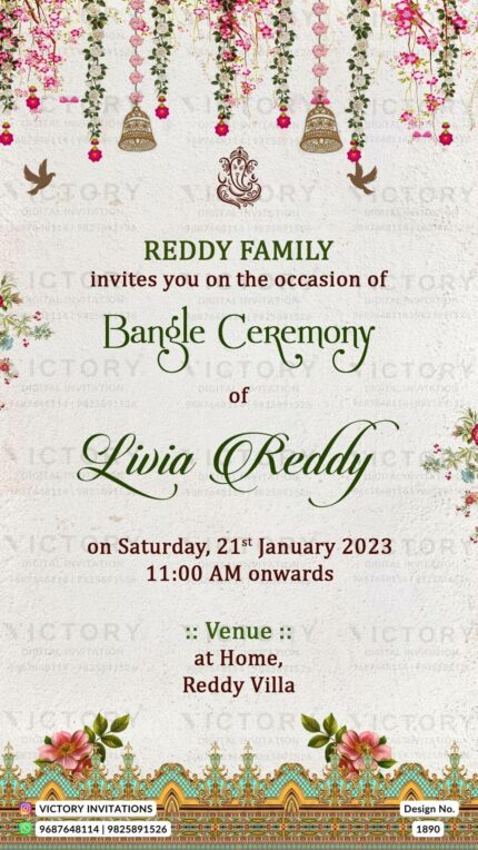 A Charming Bangle Ceremony Invitation in White Rock Backdrop, Embellished with Lord Ganesha, Delicate Decorative Hangings, with Lively Bird Illustrations Design no. 1890