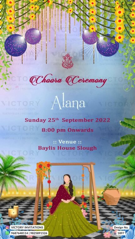 Water-colored Blue and Lilac Traditional Whimsical Theme Indian Choora Ceremony E-invite with Bride No-face Doodle Illustration, Design no. 1897