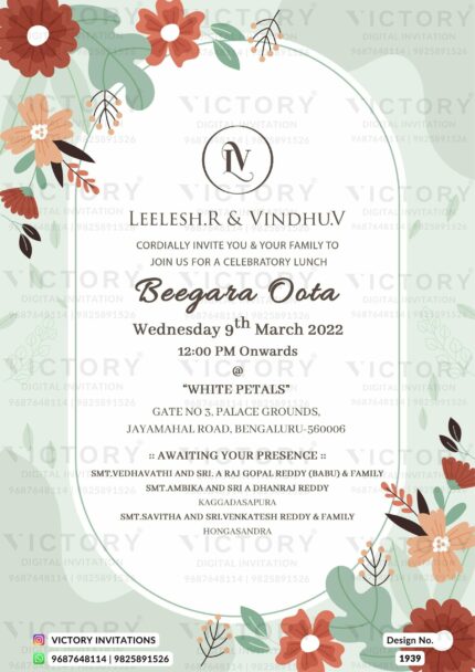 A Captivating Beegara Oota Invitation with Green White Splashes background, a Mint Tulip Frame, a Brown Round Ring, Lush Leaves, and Orangey Floral Delights, Design no.1939