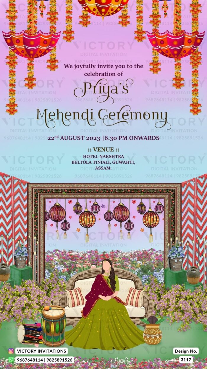 A Captivating E-Wedding invite Amidst Lavender Rose Backdrop, Dubai's Architectural Splendor, Whimsical Caricatures, Delightful Doodles, Opulent Sofa Sets, and Lush Botanical Beauty, Design no.3117