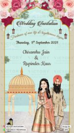 Delightful couple caricature invitation card for wedding ceremony of hindu punjabi haryanvi family in english language with Floral Arch theme design 2096
