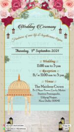 A Majestic Wedding Invitation Unveiling Blue Lily Backdrop, Arch Design, Temple Dome, and Delights of Lush Roses, Design no.2096