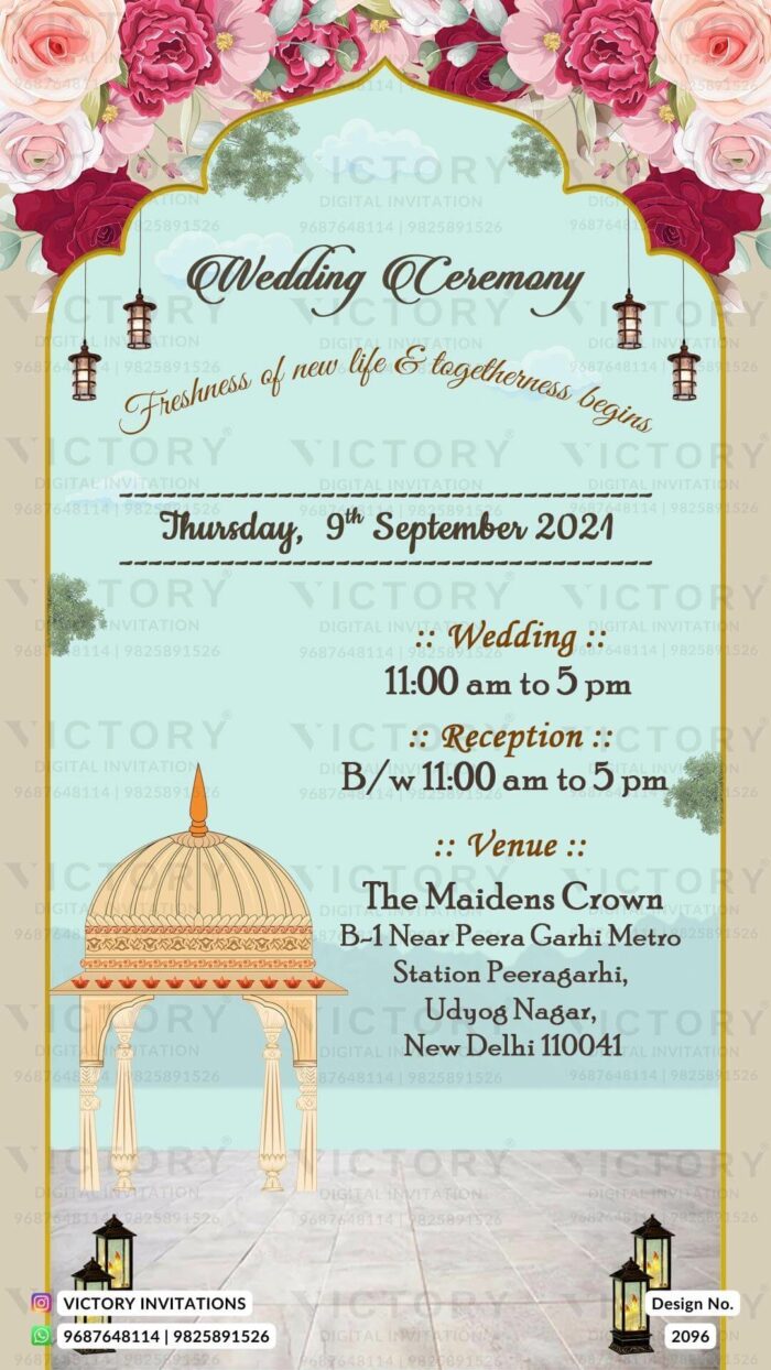 A Majestic Wedding Invitation Unveiling Blue Lily Backdrop, Arch Design, Temple Dome, and Delights of Lush Roses, Design no.2096