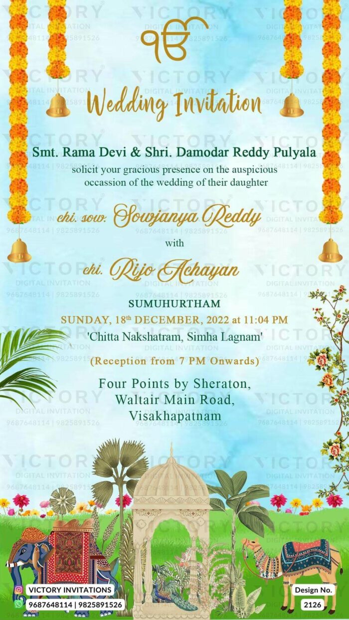A wedding invitation in Sky Blue Hues backdrop, Marigold Garlands, Majestic Peacocks, Decorative Elephants and camel, Lush Green Grass, and the Golden Temple arch, Design no. 2126