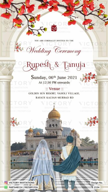 A wedding invitation card, Unfolding beneath the Enchanting Arch, Adorned with Vibrant Florals and the Splendor of the Gurudwara Temple, couple doodle, Design no. 2134