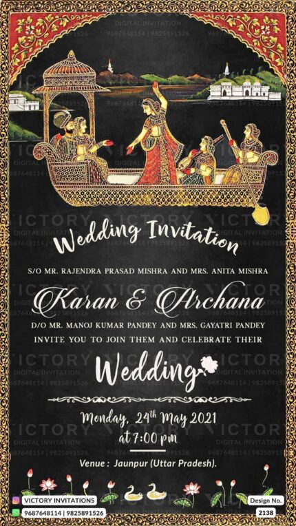 The Enigmatic Enchantment of Deep Black Backdrop, Majestic Royal Boat Ride, and Golden frame and Lotus Delights in our E-Wedding Invitation, Design no.2138