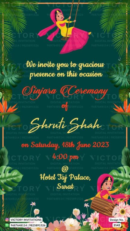 A Sinjara ceremony Invitation Enchanting Sherwood Green backdrop with a Frame, Girl Doodles, Vibrant Florals, Lush Leaves, and Tabla Illustrations, Design no. 2142