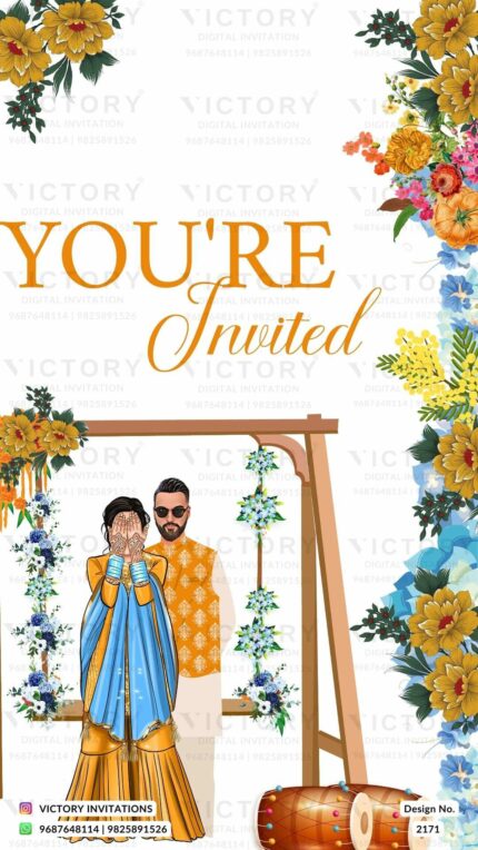 The Mehndi ceremony Invitation in the white backdrop, Couple Caricature, Artful Swing, Intricate Arch Frame, Blooming Flowers, and Tabla Illustration, Design no. 2171