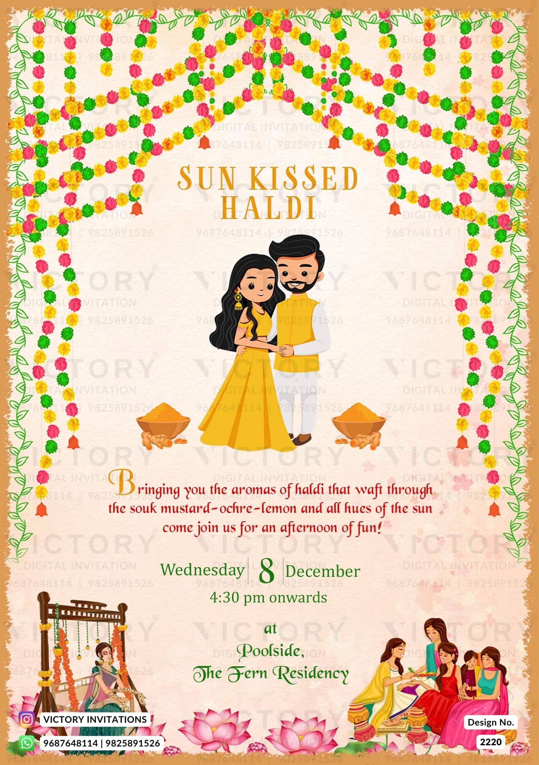A Breathtaking Haldi Celebration Set on a Backdrop of white colour, Adorned with an Intricate Frame, Enchanting Couple and Girl Doodles, and Resplendent Garland, Design no.2220