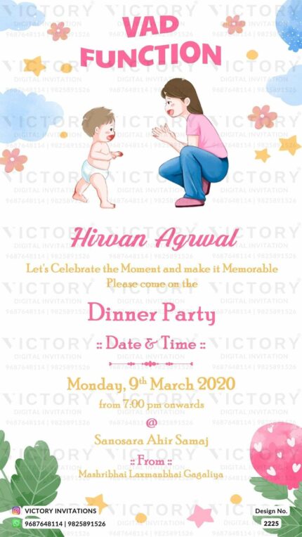 A Captivating Vad Function Invitation with Pristine White Backdrop, Delightful Baby and Mother Doodle, Serene Clouds, Shimmering Stars, and Graceful Pink Flowers, Design no. 2225