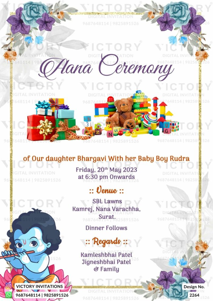 A Majestic Aana Ceremony Invitation in Pristine White Backdrop, Golden Frames, Blossoming Flowers, Divine Krishna Doodles, Teddy Bears, Vibrant Toys, and Colorful Gifts, Design no. 2264