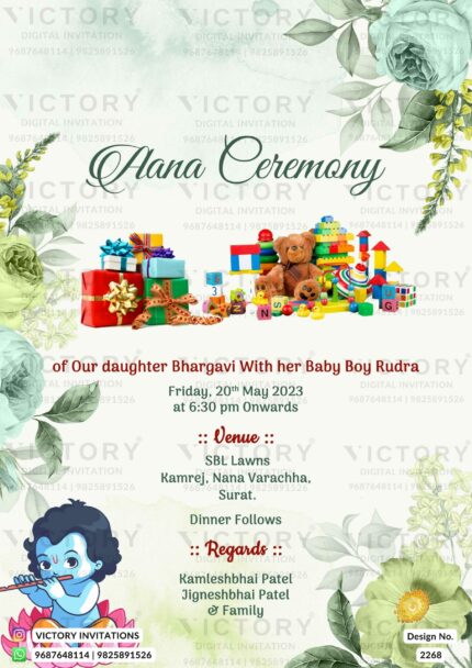 A digital Aana Ceremony Invitation in Pristine Sea Mist and Greenish yellow Backdrop, Blossoming Flowers, Divine Krishna Doodles, Teddy Bears, Vibrant Toys, and Colorful Gifts, Design no. 2268