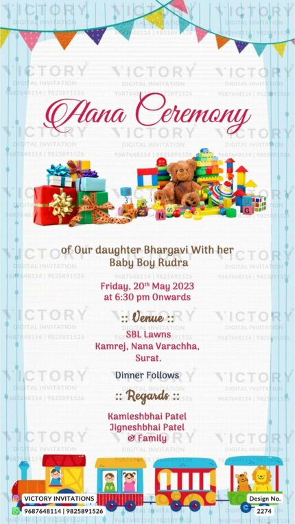 The Aana ceremony invitation in Sky Blue Hues backdrop, Enhanced by Vintage Toran, Adorable Teddy Bears, Delightful Gifts, and a Charming Train Illustration, Design no. 2274