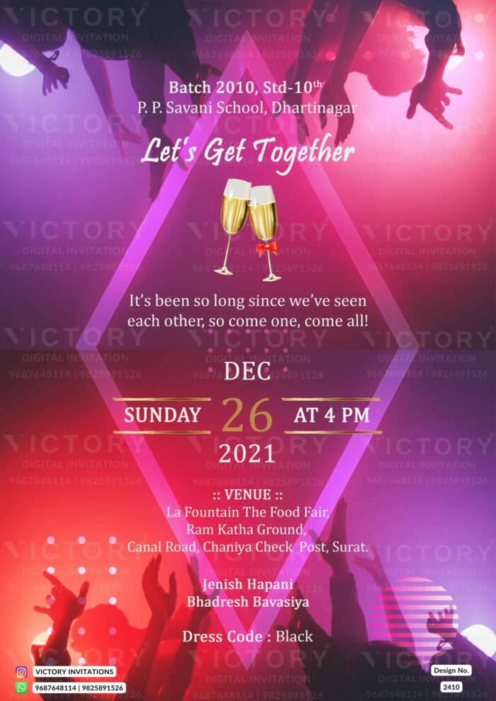 An eye-catching Get-Together Affair Amidst Pink and Deep Lavender Shades Backdrops, Dancing Girls and Boys illustration, and Shimmering Glasses vectors and vintage frame, Design no.2410