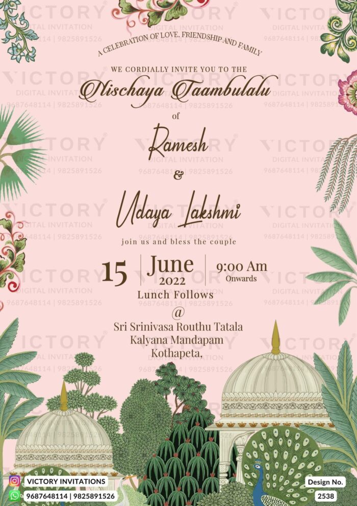 A Mesmerizing Nischaya Taambulalu Invitation, Featuring Pale Pink Splendor, Temple Dome Elegance, Majestic Peacock Grandeur, and Lush Green Leaf Accents, Design no.2538
