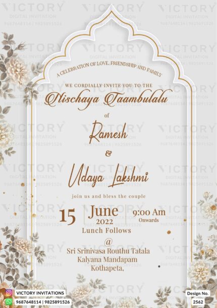 A Dreamy Nischaya Taambulalu Invitation Card with Enchanting White Rock Backdrop, Exquisite Almond Arch, and Opulent Vintage Florals and Vibrant Leaves, Design no.2562