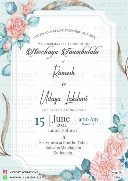 A Captivating Nischaya Taambulalu Invitation Card with Bluish Backdrop, Exquisite Blue Frame, and Delightful Pinkish Roses and Vibrant Leaves, Design no.2578