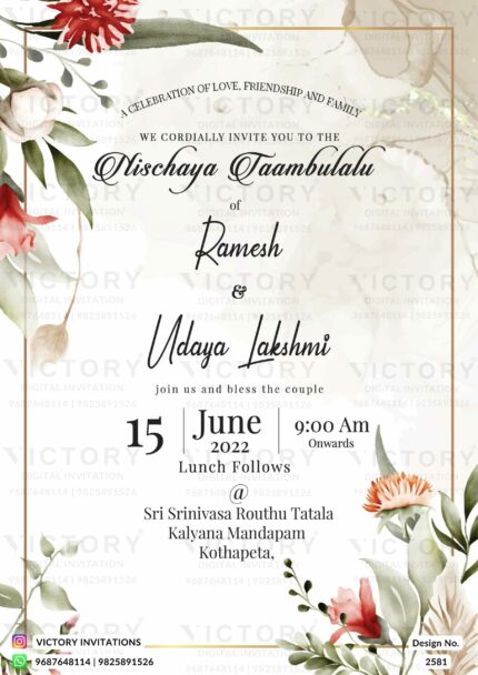 A gorgeous Nischaya Taambulalu Invitation Card with Green-White and Merino splashes Backdrop, a brown Frame, and Delightful vintage pink florals and lush Leaves, Design no.2581
