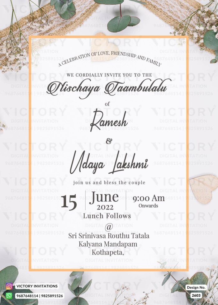 "Nischaya Taambulalu Ceremony e-invite with Regal Serenity in Soft Peach and Vibrant Saffron"