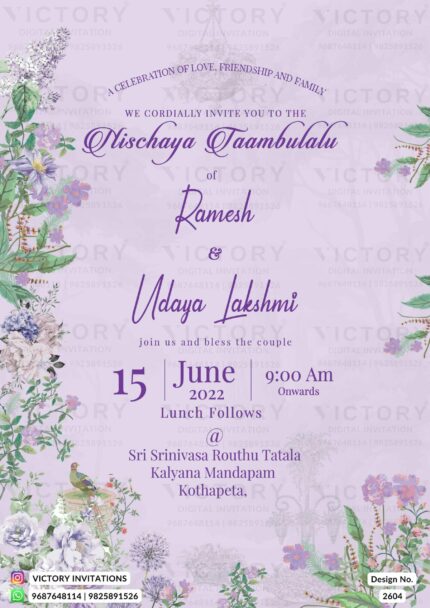 "The Mesmerizing Nischaya Taambulalu Ceremony Invitation Card in a Palette of Pale Lavender, and Pastel Purple Hue, and Carousel Pink"