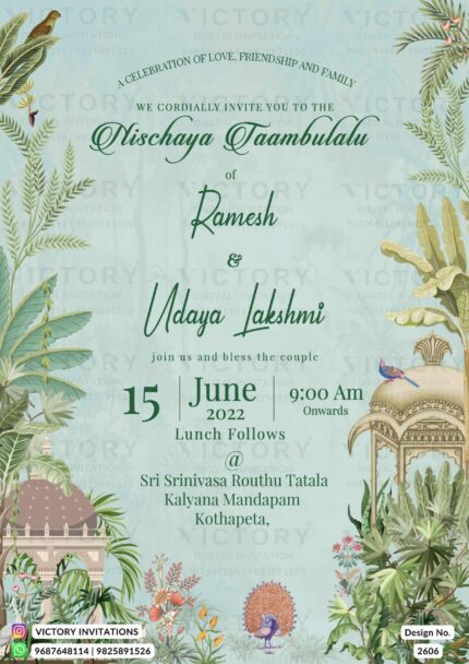"Nischaya Taambulalu Ceremony invitation with Pastel Grey Backdrop, Adorned with Delicate Green Leaves, Vibrant Flowers, and Playful Birds."