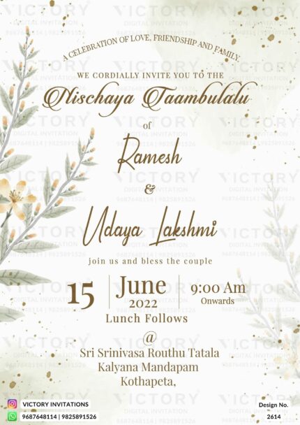 "A Enchanting Nischaya Taambulalu Ceremony Invitation Card in Light Grey and Milk White, Adorned with Botanical Symphony and Glittering Magic" Design no. 2614