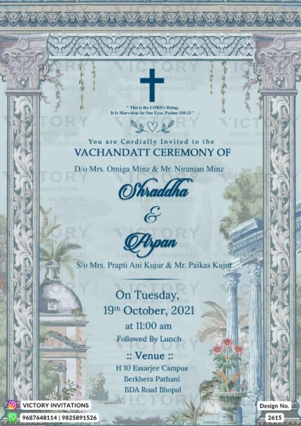 Water-colored Blush Blue and Silver Vintage Theme Digital Vachandatt Ceremony Invitation Card, Design no. 2615