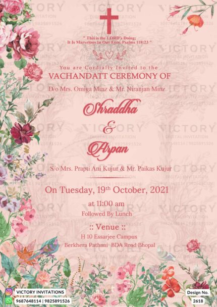 A Captivating Vachandatt Ceremony Invitation Unveiling Pale pink background, the Beauty of Vintage Floras, Vibrant Leaves, and Divine Cross, Design no.2618