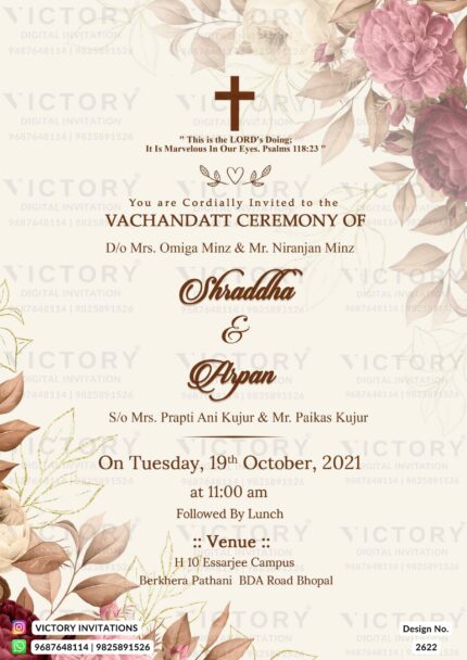 A glorious Vachandatt Ceremony Invitation Unveiling Milky white background, the Beauty of Vintage roses Floras, rustic Leaves, and Divine Cross, Design no.2622