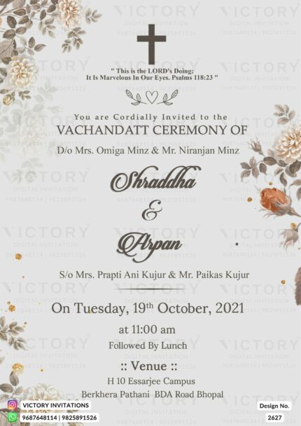 A glorious Vachandatt Ceremony Invitation Unveiling Light Grey background, the Beauty of Vintage roses Floras, rustic Leaves, and Divine Cross, Design no.2627