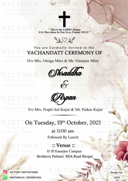 A fascinating Vachandatt Ceremony Invitation Unveiling milky white and brownish splashes background, Vintage pink Floras, vibrant lush Leaves, and Divine Cross, Design no.2633