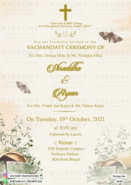 A beautiful Vachandatt Ceremony Invitation Unveiling an Almond shaded background, the Beauty of rustic houses, a Divine Cross, and luscious leaves, Design no.2640