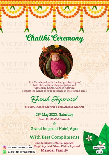 "The Chathi Ceremony Invitation with Ecru White Elegance, Lively Marigold Garlands, and the Cherished Presence of a Darling Baby" Design no. 2716