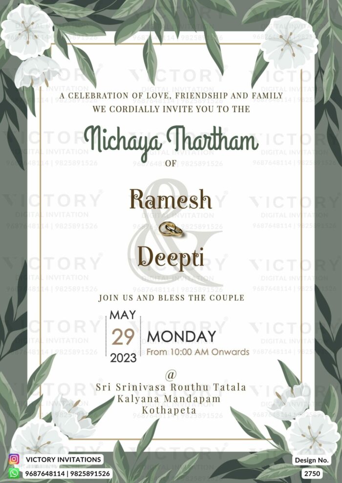 A Captivating Nichaya Thartham Invitation Adorned with Friar Grey scheme, an Opulent Engagement Ring, Creamy frame, and Luscious White Leaves, Design no.2750