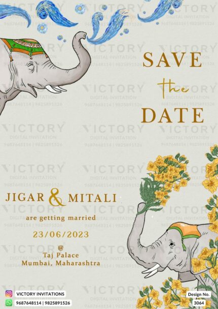 "Save the Date e-invite: Enchanting Symphony of Dancing Elephants, Whimsical Tapestry of Vibrant Flowers on Light Grey Backdrop" Design no. 3064