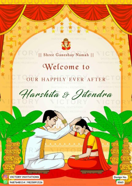 A Mesmerizing Wedding Standee Board Unveiling yellow and red Vibrant Colors, Ornate Decor, Enchanting Love, and Couple Doodle" Design no. 3065