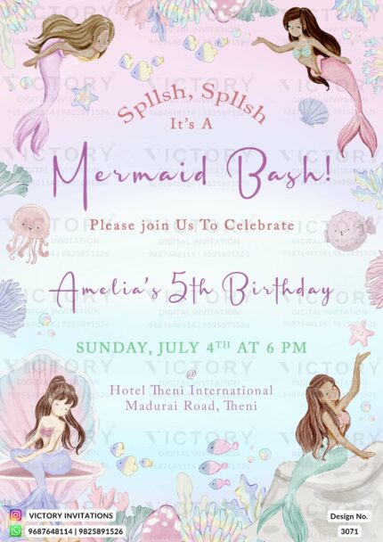 "Enchanting Mermaid-Themed Birthday Party E-invite: A Colorful Experience with Mermaid Doodles and Playful Ocean Creatures" Design no. 3071